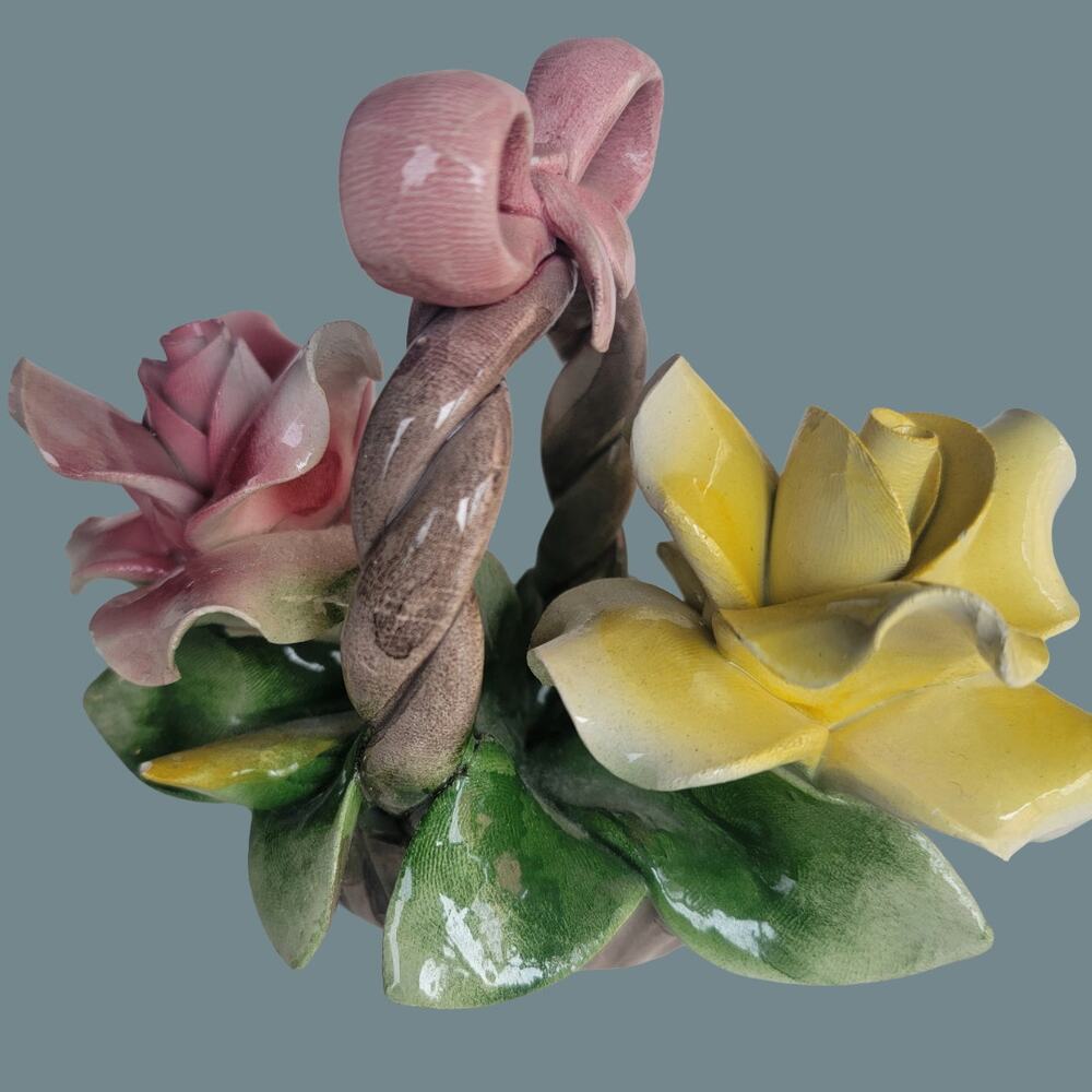 Vintage 1960s Nuova Capodimonte Small Basket of Roses